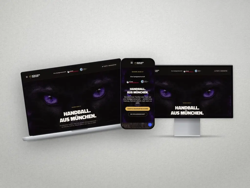 Startseite der Website Münchner Panther auf Laptop, Tablet und Smartphone